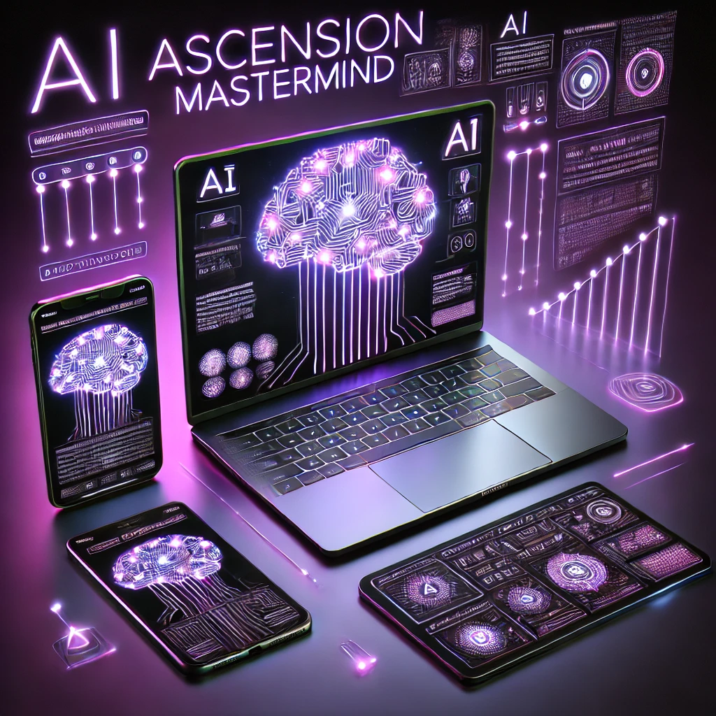 DALL·E 2024-11-26 08.56.07 - A sleek and futuristic digital product mockup for the 'AI Ascension Mastermind,' featuring a glowing 3D digital brain connected to intricate neon circ