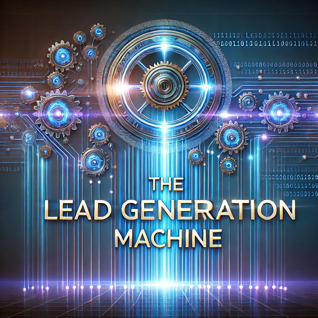 DALL·E 2024-11-26 09.24.27 - A visually striking and futuristic image for 'The Lead Generation Machine.' The design features a glowing holographic representation of a complex mach