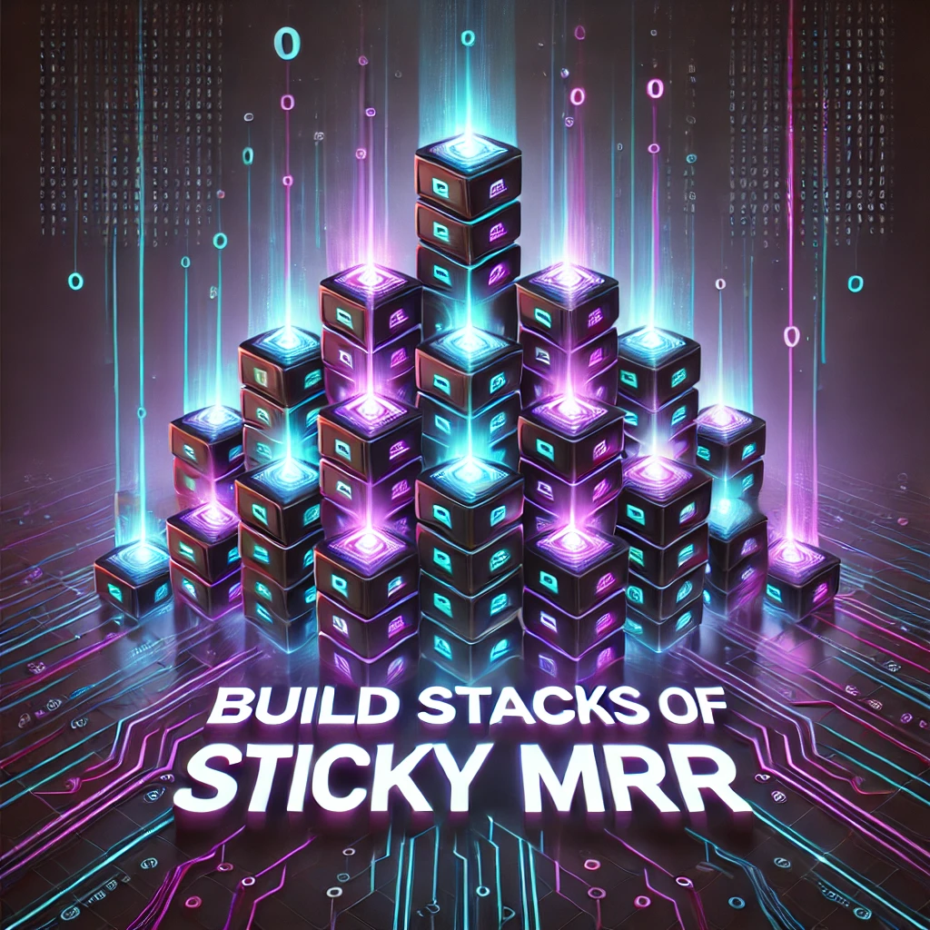 DALL·E 2024-11-26 09.53.52 - A visually striking and futuristic image for 'Build Stacks Of Sticky MRR.' The design features stacks of glowing digital blocks symbolizing recurring