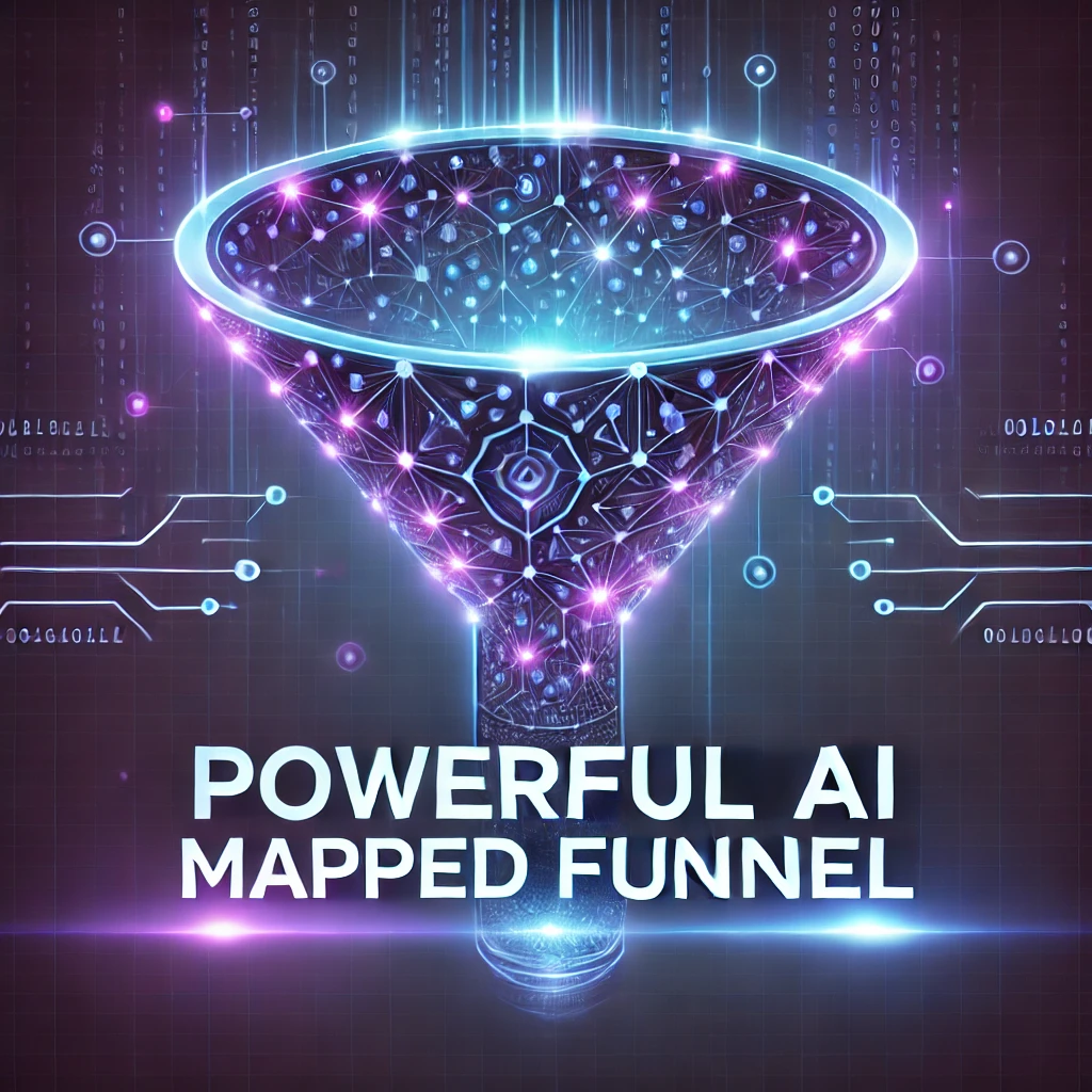 DALL·E 2024-11-28 12.47.47 - A sleek and futuristic digital image for 'Powerful AI Mapped Funnel,' featuring glowing, interconnected neural network patterns forming the shape of a